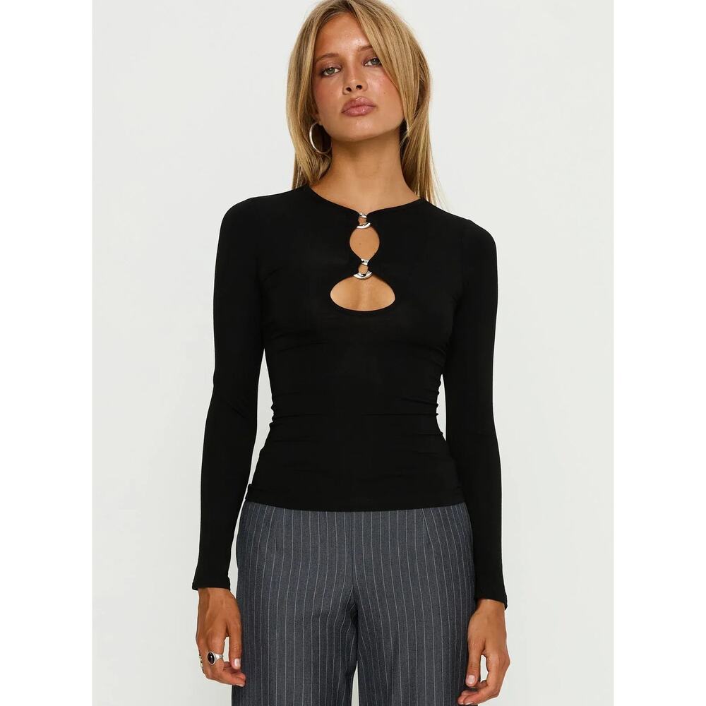 Princess Polly Womens Orsath Cut Out Long Sleeve Top Size 6 Black Shirt NWT